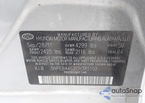 2012 Hyundai Sonata Gls z USA, uszkodzony, nr VIN 5NPEB4AC2CH385102